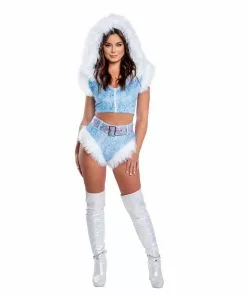 J-Valentine, Inc CH302 - Fur Trimmed Hooded Top And High-Waist Belted Short Set