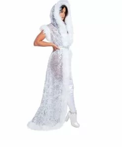 J-Valentine, Inc CH305 - Fur Trimmed Sequin Mesh Hooded Duster OUTERWEAR