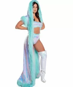 J-Valentine, Inc OUTERWEAR CH308 - Fur Trimmed Holographic Sequin Mesh Duster