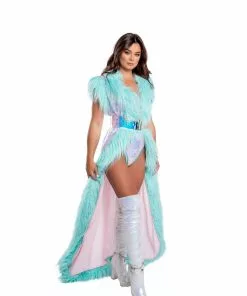 J-Valentine, Inc OUTERWEAR CH308 - Fur Trimmed Holographic Sequin Mesh Duster